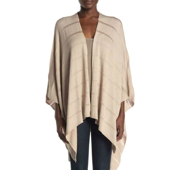 Calvin Klein osfm knit shadow stripe neutral tan shawl throw on lightweight blan - Picture 1 of 7